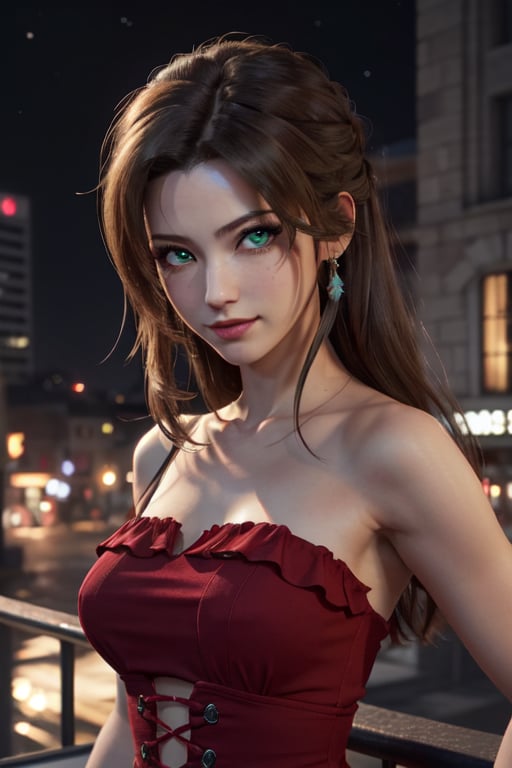 final fantasy VII 3d render, 1girl, Aerith final fantasy VII, upperbody, wearing elegant frilly red dress, night midgar city. green eyes, happy, (masterpiece, best quality, high quality,intricate details, perfect eyes, detailed eyes:1.2)