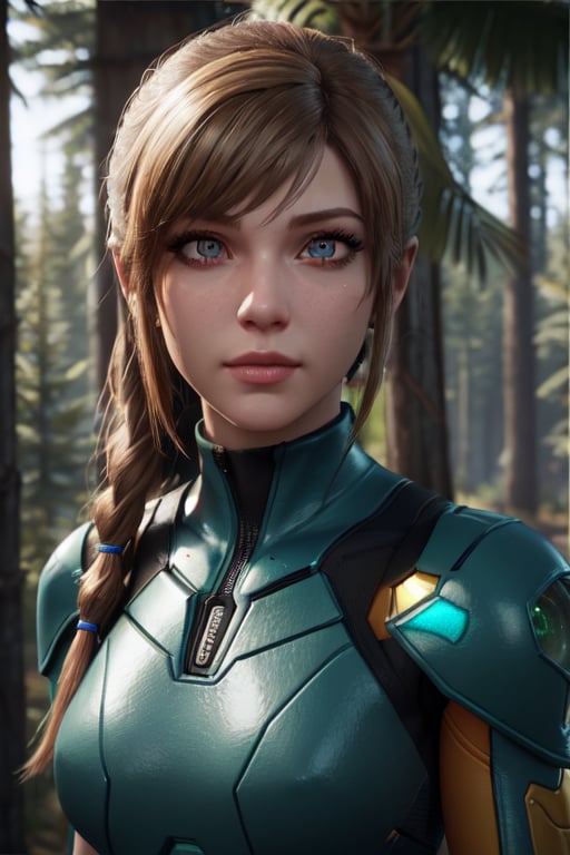 3d render, Samus aran, Metroid, upperbody, forest background, 3d render, unreal engine 5 render, detailed face, detailed eyes, perfect eyes