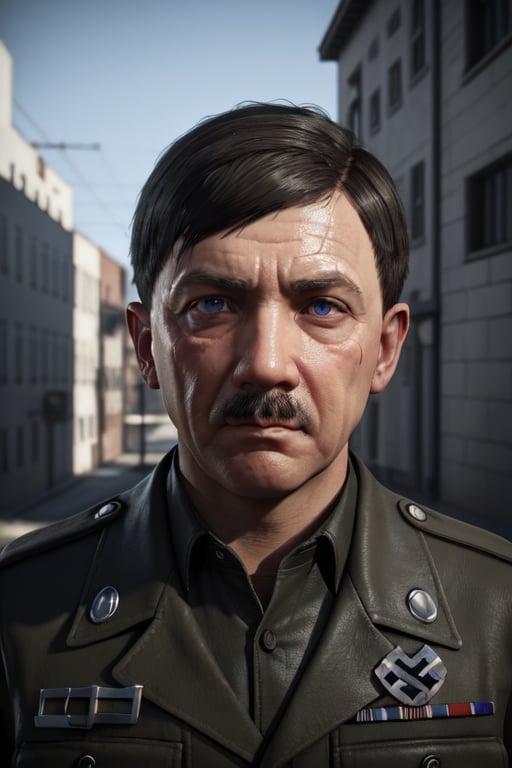 3d render, Adolf Hitler, call of duty gameplay, cowboy_shot, first person shooter view, 3d render, unreal engine 5 render, detailed face, detailed eyes, perfect eyes