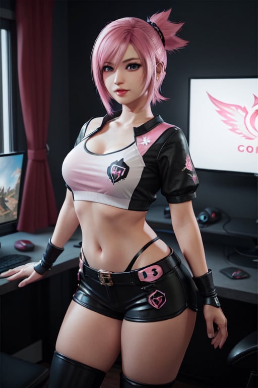 final fantasy 3d render, pink hair e-girl wearing gamer girl outfit, cowboy_shot, good hand, gamer room background