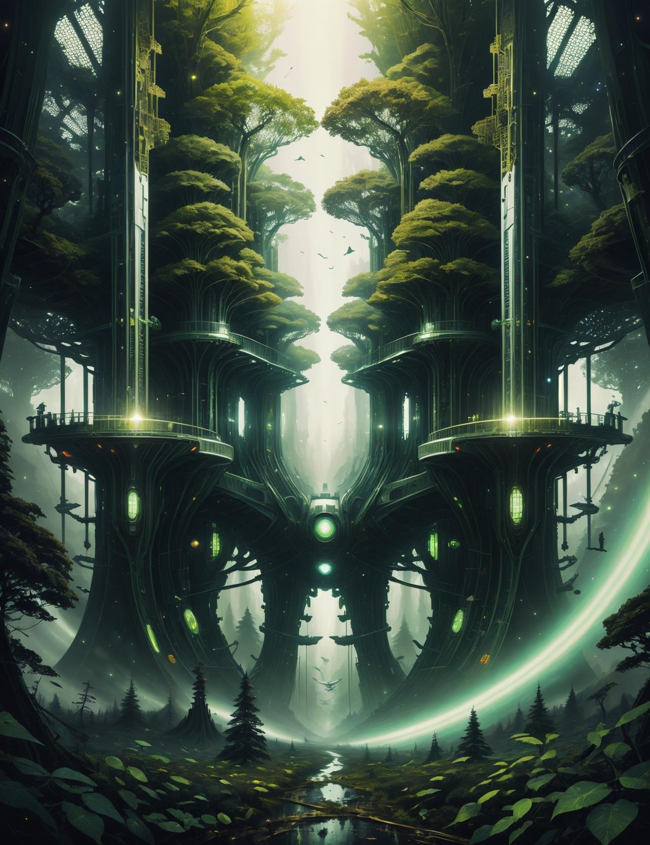 ((best quality)), ((masterpiece)), ((realistic,digital art)), (hyper detailed),DonML34f, Space Station,  nature, organic, beautiful,forest-like<lora:DonML34f:1.0>