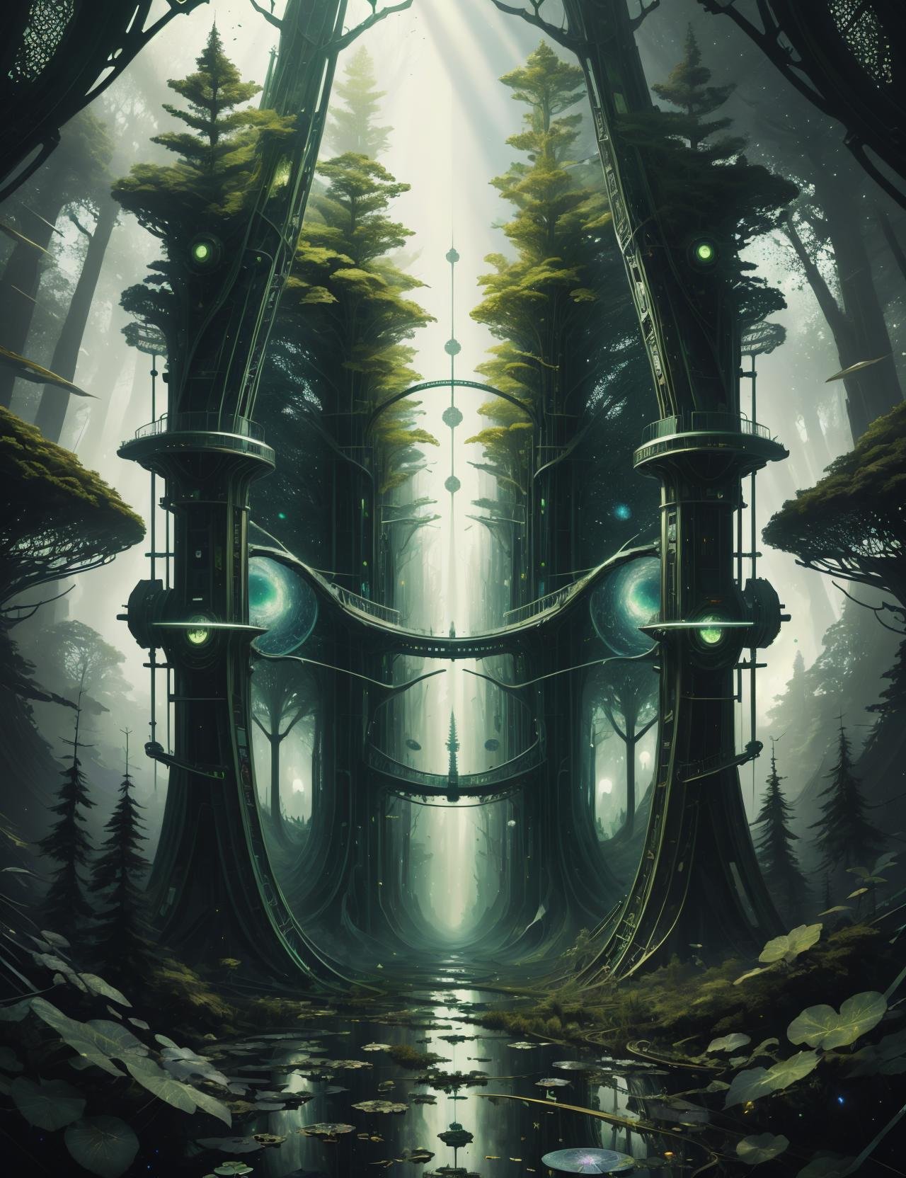 ((best quality)), ((masterpiece)), ((realistic,digital art)), (hyper detailed),DonML34f, Space Station,  nature, organic, beautiful,forest-like<lora:DonML34f:1.0>