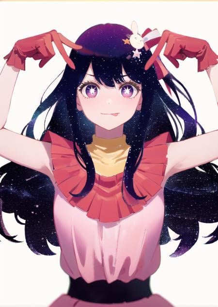 1girl, (white background:1.8), upper body, long hair, floting hair, starry sky, HshinoAi,(red gloves:1.3), tongue out, tongue, star \(symbol\), looking at viewer, (purple hair:1.2), purple eyes, upper body, hair ornament, :p, frills, pink shirt, smile, sleeveless, shirt, idol, symbol-shaped pupils, hands up, bangs, one side up, star-shaped pupils, arms up, dress pull, Roaring Twenties, isometric, flower <lora:HoshinoAi_v9-000007:1>  <lora:hair_with_scenery:1>