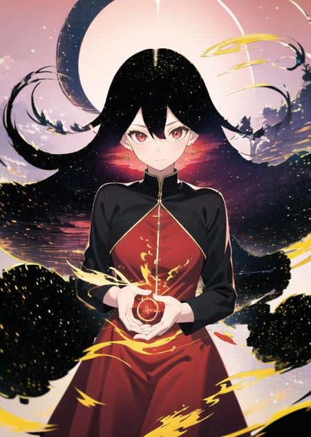 1girl,cowboy shot,  starry sky, witch,black robe,fire, magic, flame, jewelry, solo, earrings, pyrokinesis, burning, magic circle, long hair, looking at viewer, very long hair, red eyes, floating hair, hair between eyes, closed mouth, red skirt, molten rock, medium long sleeves<lora:hair_with_scenery:1.2>