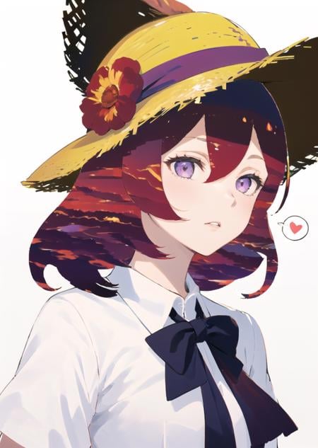 1girl, (white background:1.9), (sunset:1.3), upper body, (nishikino maki:1.3), purple eyes, (sun hat:1.2), (white school uniform:1.5), spoken heart <lora:hair_with_scenery:1.2>