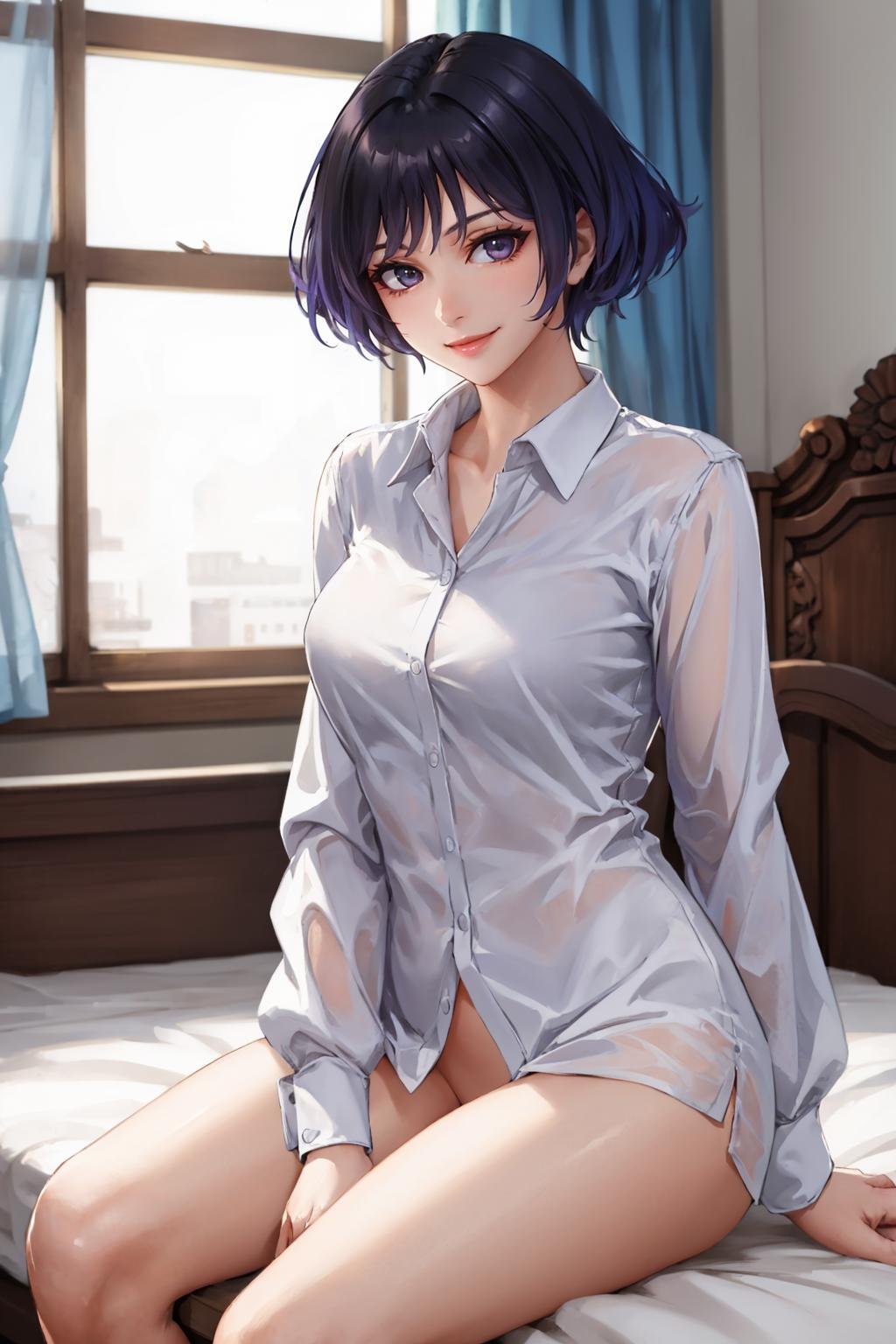 masterpiece, best quality, <lora:tekkenreina-nvwls-v2-000010:0.8> reina, purple eyes, multicolored hair, white blouse, bottomless, sitting, bedroom, smile