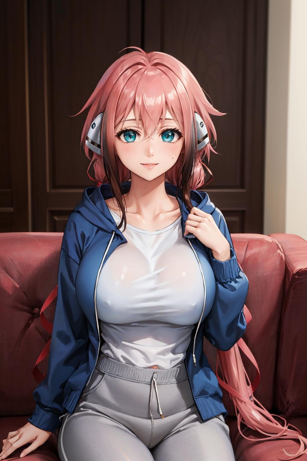 masterpiece, best quality,   <lora:ikaros-nvwls-v1-000010:0.9> ikaros, twintails, ribbon, robot ears, blue hoodie, open clothes, white shirt, huge breasts, sweatpants, looking at viewer, smile, couch, sitting