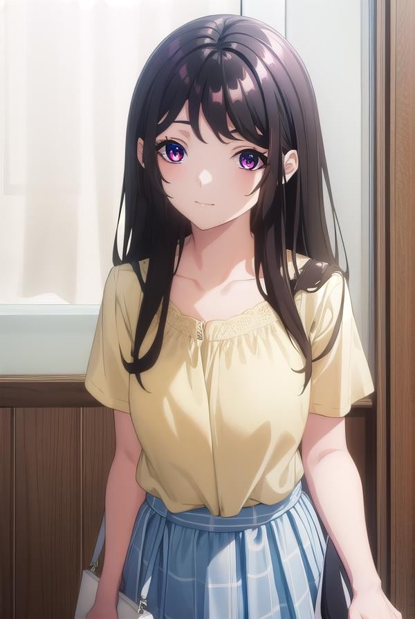 kaorihoujou, <lora:kaori houjou s1-lora-nochekaiser:1>,kaori houjou, long hair, bangs, (black hair:1.5), (red eyes:1.2), sidelocks, smile,BREAK skirt, shirt, collarbone, short sleeves, bag, blue skirt, yellow shirt, handbag,BREAK indoors, classroom,BREAK looking at viewer, (cowboy shot:1.5),BREAK <lyco:GoodHands-beta2:1>, (masterpiece:1.2), best quality, high resolution, unity 8k wallpaper, (illustration:0.8), (beautiful detailed eyes:1.6), extremely detailed face, perfect lighting, extremely detailed CG, (perfect hands, perfect anatomy),