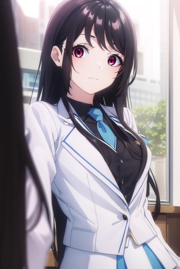 kaorihoujou, <lora:kaori houjou s1-lora-nochekaiser:1>,kaori houjou, long hair, bangs, (black hair:1.5), (red eyes:1.3), sidelocks, smile,BREAK skirt, shirt, long sleeves, school uniform, jacket, necktie, collared shirt, uniform, (black shirt:1.5), (white jacket:1.5), blue necktie,BREAK indoors, classroom,BREAK looking at viewer, (cowboy shot:1.5),BREAK <lyco:GoodHands-beta2:1>, (masterpiece:1.2), best quality, high resolution, unity 8k wallpaper, (illustration:0.8), (beautiful detailed eyes:1.6), extremely detailed face, perfect lighting, extremely detailed CG, (perfect hands, perfect anatomy),