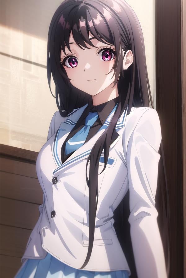 kaorihoujou, <lora:kaori houjou s1-lora-nochekaiser:1>,kaori houjou, long hair, bangs, (black hair:1.5), (red eyes:1.2), sidelocks, smile,BREAK skirt, shirt, long sleeves, school uniform, jacket, necktie, collared shirt, uniform, (black shirt:1.5), (white jacket:1.5), blue necktie,BREAK indoors, classroom,BREAK looking at viewer, (cowboy shot:1.5),BREAK <lyco:GoodHands-beta2:1>, (masterpiece:1.2), best quality, high resolution, unity 8k wallpaper, (illustration:0.8), (beautiful detailed eyes:1.6), extremely detailed face, perfect lighting, extremely detailed CG, (perfect hands, perfect anatomy),