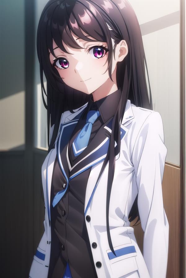 kaorihoujou, <lora:kaori houjou s1-lora-nochekaiser:1>,kaori houjou, long hair, bangs, (black hair:1.5), (red eyes:1.2), sidelocks, smile,BREAK skirt, shirt, long sleeves, school uniform, jacket, necktie, collared shirt, uniform, (black shirt:1.5), (white jacket:1.5), blue necktie,BREAK indoors, classroom,BREAK looking at viewer, (cowboy shot:1.5),BREAK <lyco:GoodHands-beta2:1>, (masterpiece:1.2), best quality, high resolution, unity 8k wallpaper, (illustration:0.8), (beautiful detailed eyes:1.6), extremely detailed face, perfect lighting, extremely detailed CG, (perfect hands, perfect anatomy),