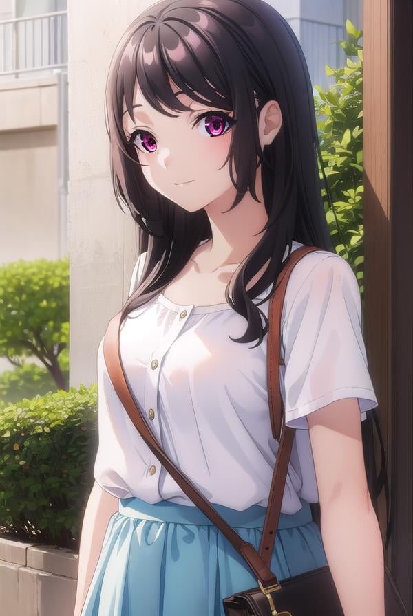 kaorihoujou, <lora:kaori houjou s1-lora-nochekaiser:1>,kaori houjou, long hair, bangs, (black hair:1.5), (red eyes:1.2), sidelocks, smile,BREAK skirt, shirt, collarbone, short sleeves, bag, blue skirt, yellow shirt, handbag,BREAK indoors, classroom,BREAK looking at viewer, (cowboy shot:1.5),BREAK <lyco:GoodHands-beta2:1>, (masterpiece:1.2), best quality, high resolution, unity 8k wallpaper, (illustration:0.8), (beautiful detailed eyes:1.6), extremely detailed face, perfect lighting, extremely detailed CG, (perfect hands, perfect anatomy),