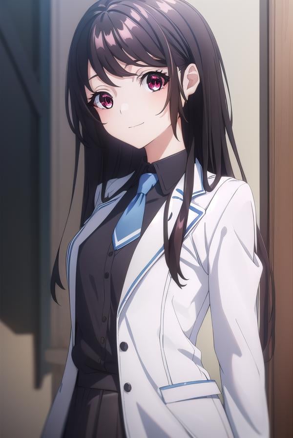 kaorihoujou, <lora:kaori houjou s1-lora-nochekaiser:1>,kaori houjou, long hair, bangs, (black hair:1.5), (red eyes:1.3), sidelocks, smile,BREAK skirt, shirt, long sleeves, school uniform, jacket, necktie, collared shirt, uniform, (black shirt:1.5), (white jacket:1.5), blue necktie,BREAK indoors, classroom,BREAK looking at viewer, (cowboy shot:1.5),BREAK <lyco:GoodHands-beta2:1>, (masterpiece:1.2), best quality, high resolution, unity 8k wallpaper, (illustration:0.8), (beautiful detailed eyes:1.6), extremely detailed face, perfect lighting, extremely detailed CG, (perfect hands, perfect anatomy),