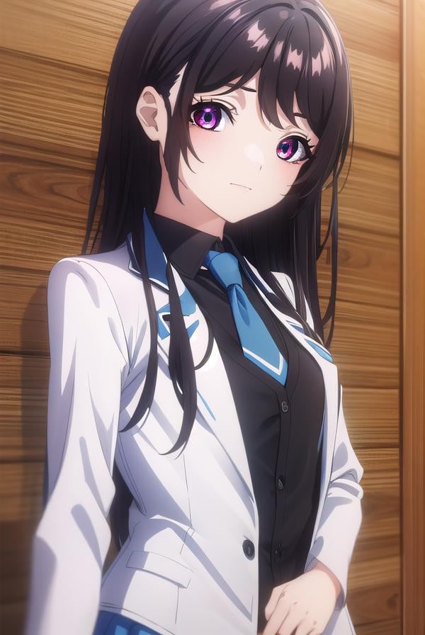 kaorihoujou, <lora:kaori houjou s1-lora-nochekaiser:1>,kaori houjou, long hair, bangs, (black hair:1.5), (red eyes:1.2), sidelocks, smile,BREAK skirt, shirt, long sleeves, school uniform, jacket, necktie, collared shirt, uniform, (black shirt:1.5), (white jacket:1.5), blue necktie,BREAK indoors, classroom,BREAK looking at viewer, (cowboy shot:1.5),BREAK <lyco:GoodHands-beta2:1>, (masterpiece:1.2), best quality, high resolution, unity 8k wallpaper, (illustration:0.8), (beautiful detailed eyes:1.6), extremely detailed face, perfect lighting, extremely detailed CG, (perfect hands, perfect anatomy),