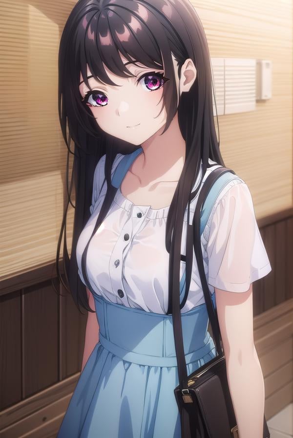 kaorihoujou, <lora:kaori houjou s1-lora-nochekaiser:1>,kaori houjou, long hair, bangs, (black hair:1.5), (red eyes:1.2), sidelocks, smile,BREAK skirt, shirt, collarbone, short sleeves, bag, blue skirt, yellow shirt, handbag,BREAK indoors, classroom,BREAK looking at viewer, (cowboy shot:1.5),BREAK <lyco:GoodHands-beta2:1>, (masterpiece:1.2), best quality, high resolution, unity 8k wallpaper, (illustration:0.8), (beautiful detailed eyes:1.6), extremely detailed face, perfect lighting, extremely detailed CG, (perfect hands, perfect anatomy),