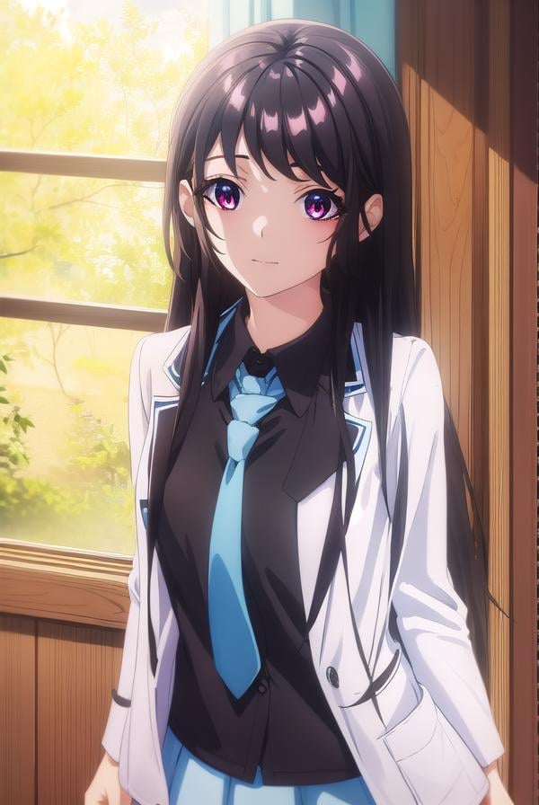 kaorihoujou, <lora:kaori houjou s1-lora-nochekaiser:1>,kaori houjou, long hair, bangs, (black hair:1.5), (red eyes:1.2), sidelocks, smile,BREAK skirt, shirt, long sleeves, school uniform, jacket, necktie, collared shirt, uniform, (black shirt:1.5), (white jacket:1.5), blue necktie,BREAK indoors, classroom,BREAK looking at viewer, (cowboy shot:1.5),BREAK <lyco:GoodHands-beta2:1>, (masterpiece:1.2), best quality, high resolution, unity 8k wallpaper, (illustration:0.8), (beautiful detailed eyes:1.6), extremely detailed face, perfect lighting, extremely detailed CG, (perfect hands, perfect anatomy),