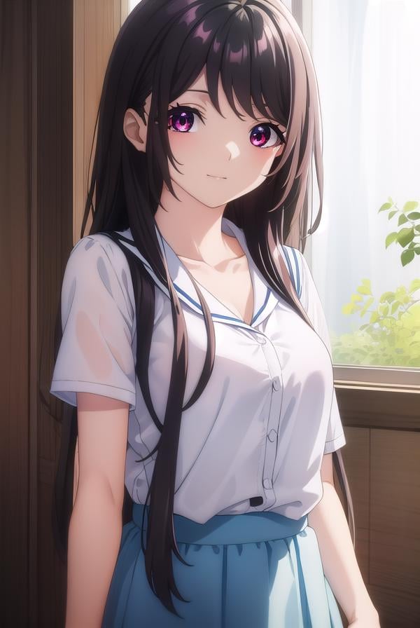 kaorihoujou, <lora:kaori houjou s1-lora-nochekaiser:1>,kaori houjou, long hair, bangs, (black hair:1.5), (red eyes:1.2), sidelocks, smile,BREAK skirt, shirt, collarbone, short sleeves, bag, blue skirt, yellow shirt, handbag,BREAK indoors, classroom,BREAK looking at viewer, (cowboy shot:1.5),BREAK <lyco:GoodHands-beta2:1>, (masterpiece:1.2), best quality, high resolution, unity 8k wallpaper, (illustration:0.8), (beautiful detailed eyes:1.6), extremely detailed face, perfect lighting, extremely detailed CG, (perfect hands, perfect anatomy),