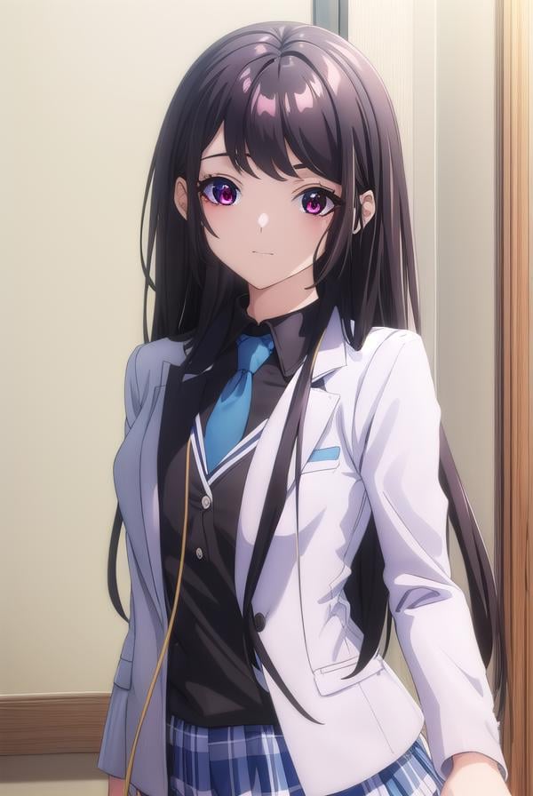 kaorihoujou, <lora:kaori houjou s1-lora-nochekaiser:1>,kaori houjou, long hair, bangs, (black hair:1.5), (red eyes:1.2), sidelocks, smile,BREAK skirt, shirt, long sleeves, school uniform, jacket, necktie, collared shirt, uniform, (black shirt:1.5), (white jacket:1.5), blue necktie,BREAK indoors, classroom,BREAK looking at viewer, (cowboy shot:1.5),BREAK <lyco:GoodHands-beta2:1>, (masterpiece:1.2), best quality, high resolution, unity 8k wallpaper, (illustration:0.8), (beautiful detailed eyes:1.6), extremely detailed face, perfect lighting, extremely detailed CG, (perfect hands, perfect anatomy),