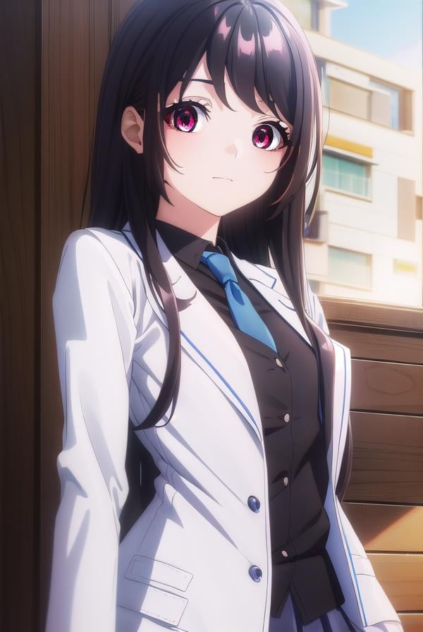 kaorihoujou, <lora:kaori houjou s1-lora-nochekaiser:1>,kaori houjou, long hair, bangs, (black hair:1.5), (red eyes:1.3), sidelocks, smile,BREAK skirt, shirt, long sleeves, school uniform, jacket, necktie, collared shirt, uniform, (black shirt:1.5), (white jacket:1.5), blue necktie,BREAK indoors, classroom,BREAK looking at viewer, (cowboy shot:1.5),BREAK <lyco:GoodHands-beta2:1>, (masterpiece:1.2), best quality, high resolution, unity 8k wallpaper, (illustration:0.8), (beautiful detailed eyes:1.6), extremely detailed face, perfect lighting, extremely detailed CG, (perfect hands, perfect anatomy),