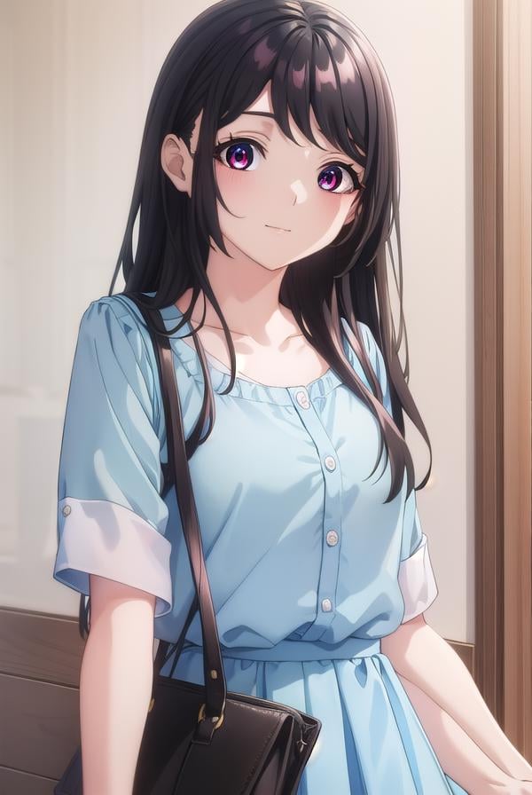 kaorihoujou, <lora:kaori houjou s1-lora-nochekaiser:1>,kaori houjou, long hair, bangs, (black hair:1.5), (red eyes:1.2), sidelocks, smile,BREAK skirt, shirt, collarbone, short sleeves, bag, blue skirt, yellow shirt, handbag,BREAK indoors, classroom,BREAK looking at viewer, (cowboy shot:1.5),BREAK <lyco:GoodHands-beta2:1>, (masterpiece:1.2), best quality, high resolution, unity 8k wallpaper, (illustration:0.8), (beautiful detailed eyes:1.6), extremely detailed face, perfect lighting, extremely detailed CG, (perfect hands, perfect anatomy),