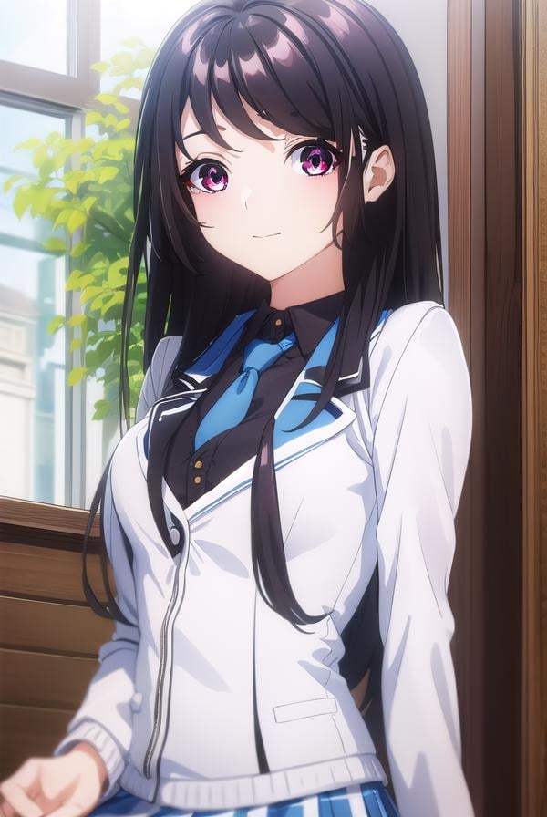 kaorihoujou, <lora:kaori houjou s1-lora-nochekaiser:1>,kaori houjou, long hair, bangs, (black hair:1.5), (red eyes:1.2), sidelocks, smile,BREAK skirt, shirt, long sleeves, school uniform, jacket, necktie, collared shirt, uniform, (black shirt:1.5), (white jacket:1.5), blue necktie,BREAK indoors, classroom,BREAK looking at viewer, (cowboy shot:1.5),BREAK <lyco:GoodHands-beta2:1>, (masterpiece:1.2), best quality, high resolution, unity 8k wallpaper, (illustration:0.8), (beautiful detailed eyes:1.6), extremely detailed face, perfect lighting, extremely detailed CG, (perfect hands, perfect anatomy),