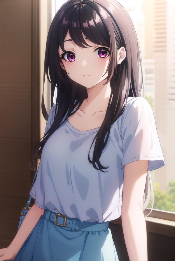 kaorihoujou, <lora:kaori houjou s1-lora-nochekaiser:1>,kaori houjou, long hair, bangs, (black hair:1.5), (red eyes:1.2), sidelocks, smile,BREAK skirt, shirt, collarbone, short sleeves, bag, blue skirt, yellow shirt, handbag,BREAK indoors, classroom,BREAK looking at viewer, (cowboy shot:1.5),BREAK <lyco:GoodHands-beta2:1>, (masterpiece:1.2), best quality, high resolution, unity 8k wallpaper, (illustration:0.8), (beautiful detailed eyes:1.6), extremely detailed face, perfect lighting, extremely detailed CG, (perfect hands, perfect anatomy),