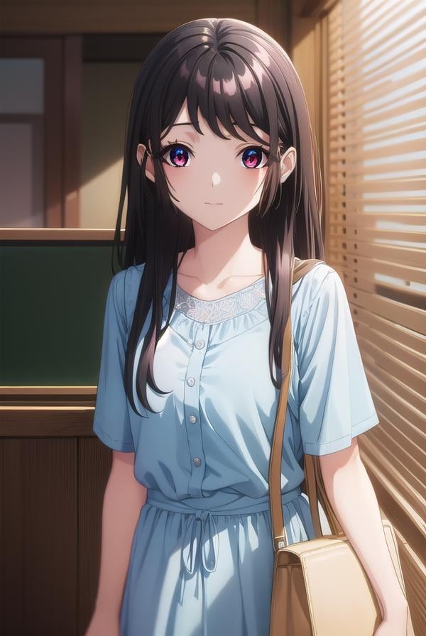 kaorihoujou, <lora:kaori houjou s1-lora-nochekaiser:1>,kaori houjou, long hair, bangs, (black hair:1.5), (red eyes:1.2), sidelocks, smile,BREAK skirt, shirt, collarbone, short sleeves, bag, blue skirt, yellow shirt, handbag,BREAK indoors, classroom,BREAK looking at viewer, (cowboy shot:1.5),BREAK <lyco:GoodHands-beta2:1>, (masterpiece:1.2), best quality, high resolution, unity 8k wallpaper, (illustration:0.8), (beautiful detailed eyes:1.6), extremely detailed face, perfect lighting, extremely detailed CG, (perfect hands, perfect anatomy),