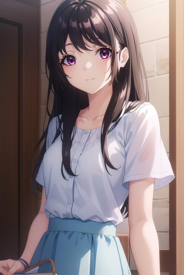 kaorihoujou, <lora:kaori houjou s1-lora-nochekaiser:1>,kaori houjou, long hair, bangs, (black hair:1.5), (red eyes:1.2), sidelocks, smile,BREAK skirt, shirt, collarbone, short sleeves, bag, blue skirt, yellow shirt, handbag,BREAK indoors, classroom,BREAK looking at viewer, (cowboy shot:1.5),BREAK <lyco:GoodHands-beta2:1>, (masterpiece:1.2), best quality, high resolution, unity 8k wallpaper, (illustration:0.8), (beautiful detailed eyes:1.6), extremely detailed face, perfect lighting, extremely detailed CG, (perfect hands, perfect anatomy),