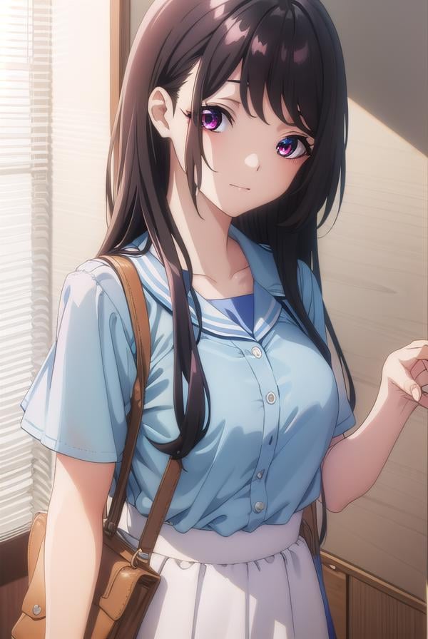 kaorihoujou, <lora:kaori houjou s1-lora-nochekaiser:1>,kaori houjou, long hair, bangs, (black hair:1.5), (red eyes:1.2), sidelocks, smile,BREAK skirt, shirt, collarbone, short sleeves, bag, blue skirt, yellow shirt, handbag,BREAK indoors, classroom,BREAK looking at viewer, (cowboy shot:1.5),BREAK <lyco:GoodHands-beta2:1>, (masterpiece:1.2), best quality, high resolution, unity 8k wallpaper, (illustration:0.8), (beautiful detailed eyes:1.6), extremely detailed face, perfect lighting, extremely detailed CG, (perfect hands, perfect anatomy),