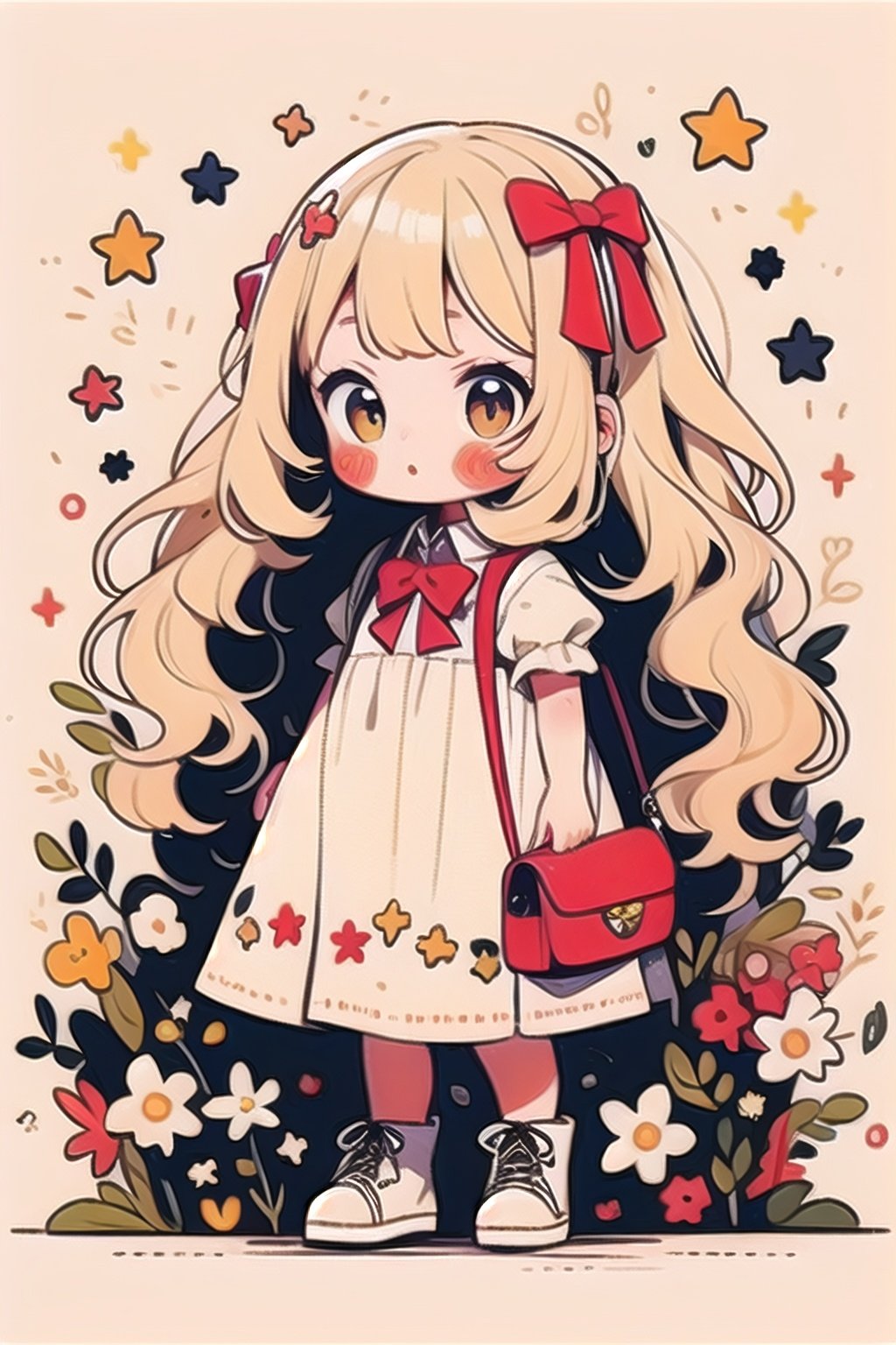 tuyagirl,1girl, flower, short sleeves, hair flower, bag, backpack, hair ornament, long hair, white footwear, solo, rabbit, standing, looking at viewer, bow, star \(symbol\), full body, puffy sleeves, blonde hair, puffy short sleeves, skirt, animal, facial mark, red bow, very long hair, holding, white flower, brown eyes, bowtie, shoes, bangs, boots, shirt, blush, parted lips, dress, white hair, grey background, chibi, white shirt, personification, simple background, frills