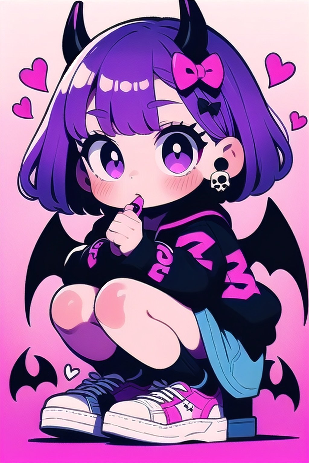 tuyagirl,1girl, earrings, jewelry, wings, horns, pink footwear, purple hair, purple eyes, black nails, solo, shorts, bow, artist name, full body, squatting, shoes, sweater, spikes, bat wings, pink bow, long sleeves, socks, nail polish, signature, black socks, skull earrings, eyeshadow, choker, gradient, footwear bow, short hair, bangs, collar, medium hair, makeup, cross-laced footwear, gradient background, looking to the side, fake horns, chibi