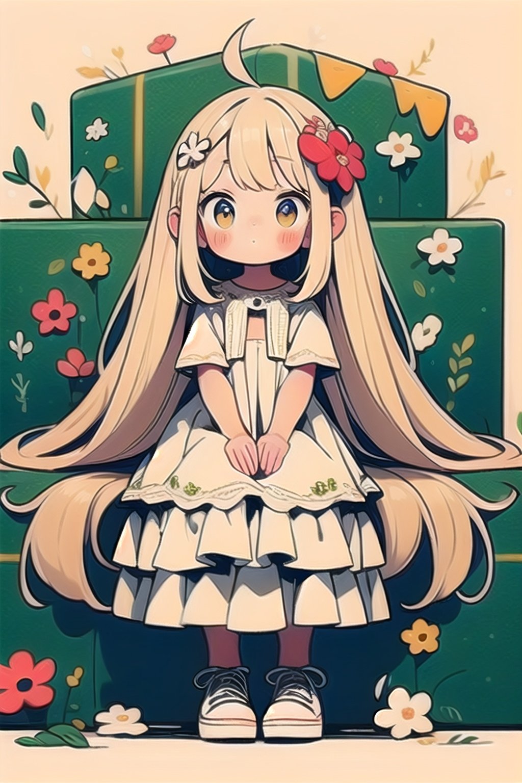 tuyagirl,1girl, solo, long hair, sitting, dress, looking at viewer, blush, hair ornament, white footwear, shoes, white dress, white hair, short sleeves, full body, hair flower, box, flower, closed mouth, ahoge, blonde hair, very long hair, layered dress