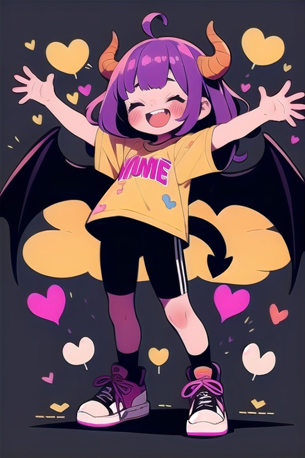 tuyagirl,1girl, tail, solo, shirt, horns, wings, open mouth, demon tail, shoes, shorts, teeth, yellow shirt, black background, white footwear, purple hair, pink hair, full body, closed eyes, print shirt, simple background, black shorts, sneakers, tongue, child, ahoge, demon horns, bike shorts, heart, demon wings, female child, demon girl, outstretched arms, short sleeves, standing, bangs