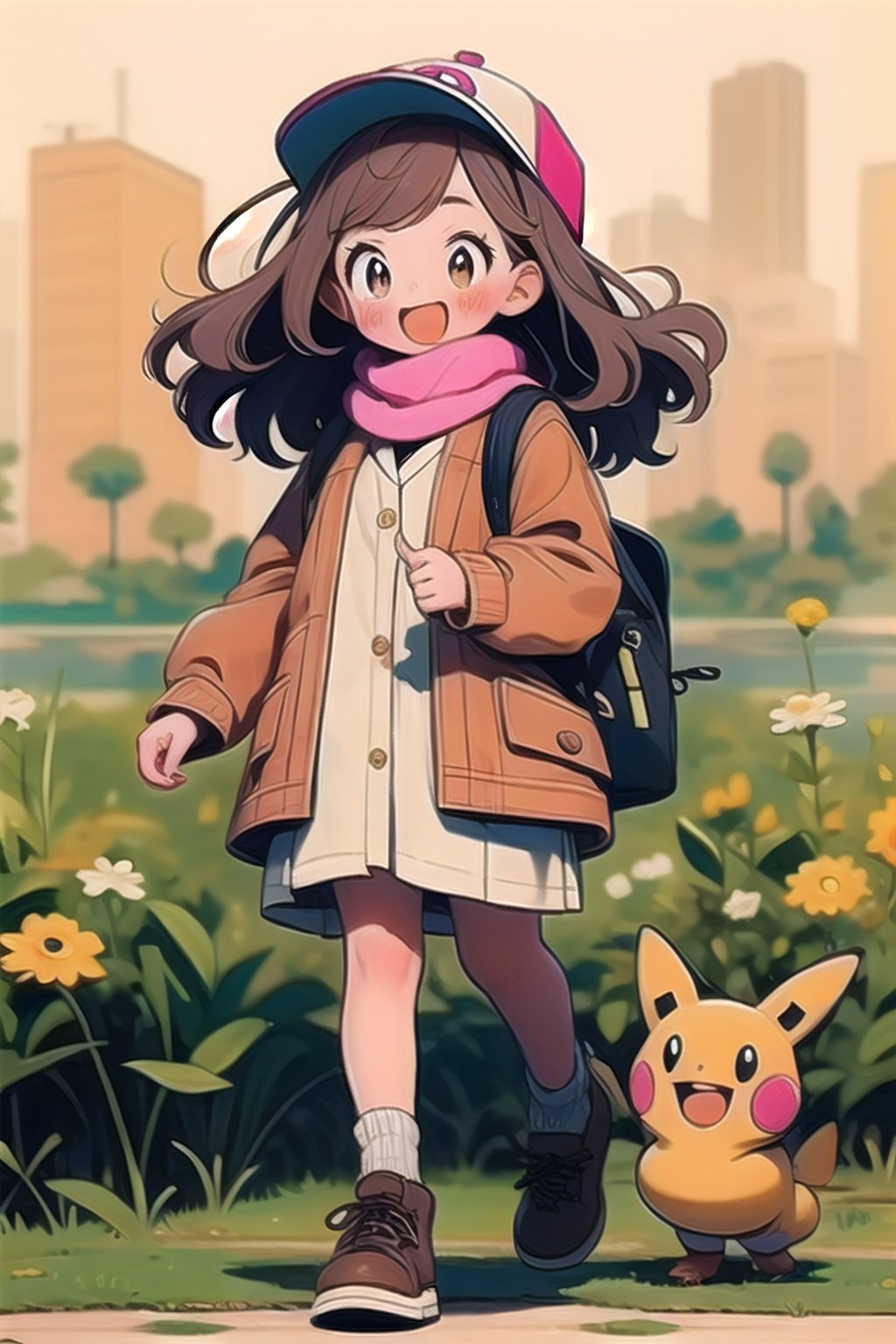 tuyagirl,1girl, skirt, smile, brown hair, open mouth, brown footwear, hat, brown eyes, bag, long sleeves, shoes, blush, brown skirt, holding, long hair, standing, :d, water drop, pleated skirt, scarf, holding strap, jacket, brown jacket, open jacket, brown headwear, open clothes, socks, backpack, walking, pink scarf, full body, pokemon \(creature\), water, bangs, grass, shirt, white shirt