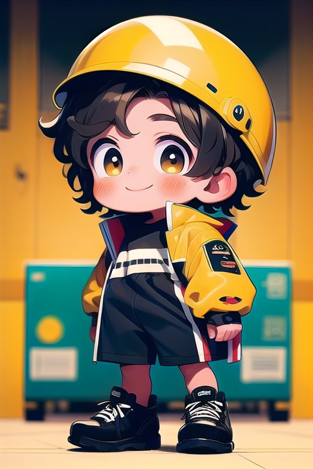 tuyagirl,male focus, brown eyes, smile, 1boy, black hair, male child, yellow headwear, child, blurry background, blurry, looking at viewer, hat, helmet, standing, solo focus, full body, black footwear, multiple boys, hardhat, chibi