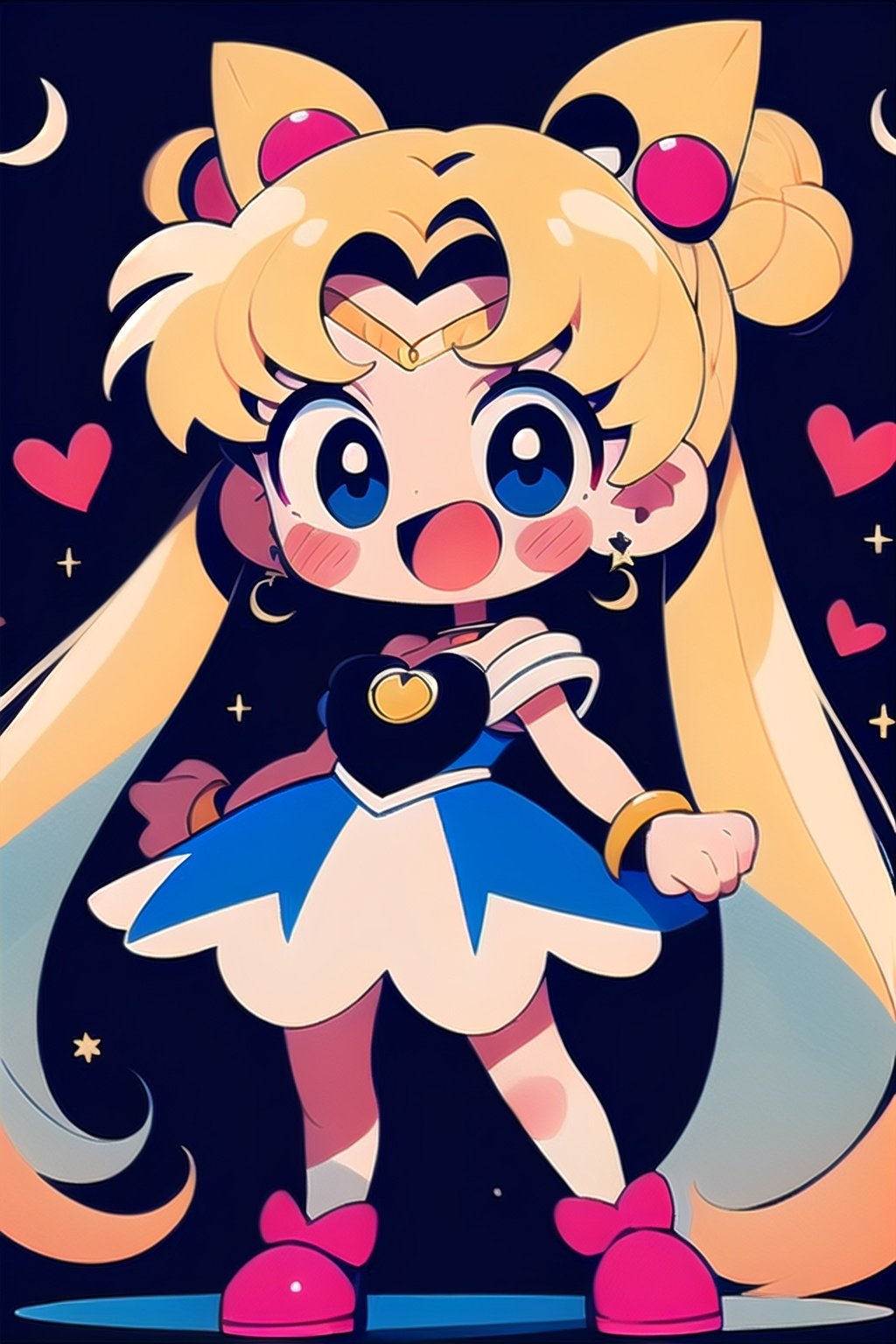 tuyagirl,1girl, tsukino usagi, solo, jewelry, blonde hair, long hair, double bun, facial mark, forehead mark, twintails, crescent, chibi, sailor moon, bow, hair bun, sailor senshi uniform, brooch, open mouth, earrings, smile, sailor collar, hair ornament, full body, magical girl, very long hair, white dress, choker, crescent earrings, blue eyes, crescent facial mark, dress, :d, pink bow, red footwear, blush, skirt, standing, bracelet, heart brooch, red choker, red bow, hairpin, bangs, multicolored eyes, parted bangs, blue sailor collar