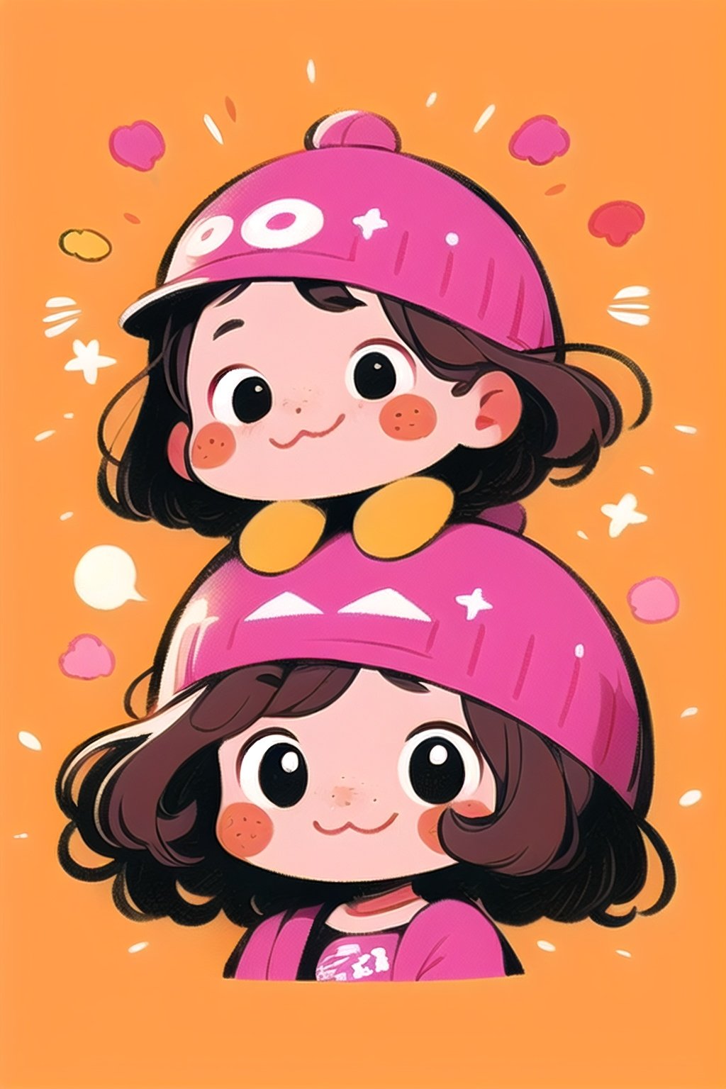 tuyagirl,brown hair, pink headwear, hat, 1girl, solo, blush stickers, freckles, chibi, :>, solid circle eyes, short hair, smile, child, closed mouth, black eyes