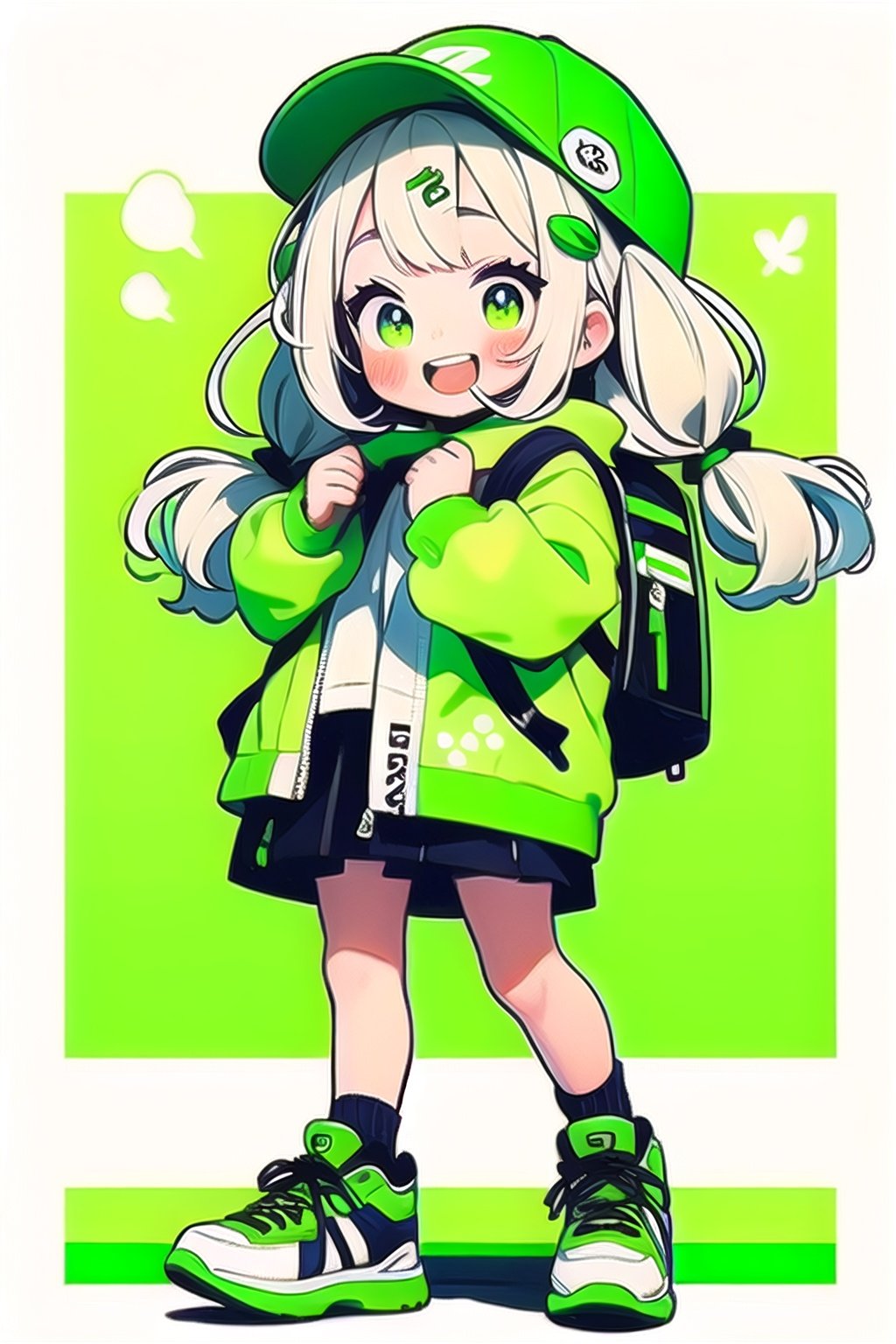 tuyagirl,1girl, backpack, bag, skirt, smile, shoes, green eyes, solo, hat, open mouth, hair ornament, green footwear, black skirt, white hair, jacket, long hair, socks, full body, sneakers, female child, green jacket, pleated skirt, hairclip, green headwear, child, teeth, twintails, long sleeves, looking at viewer, upper teeth only, bangs, standing, holding strap, :d, shirt