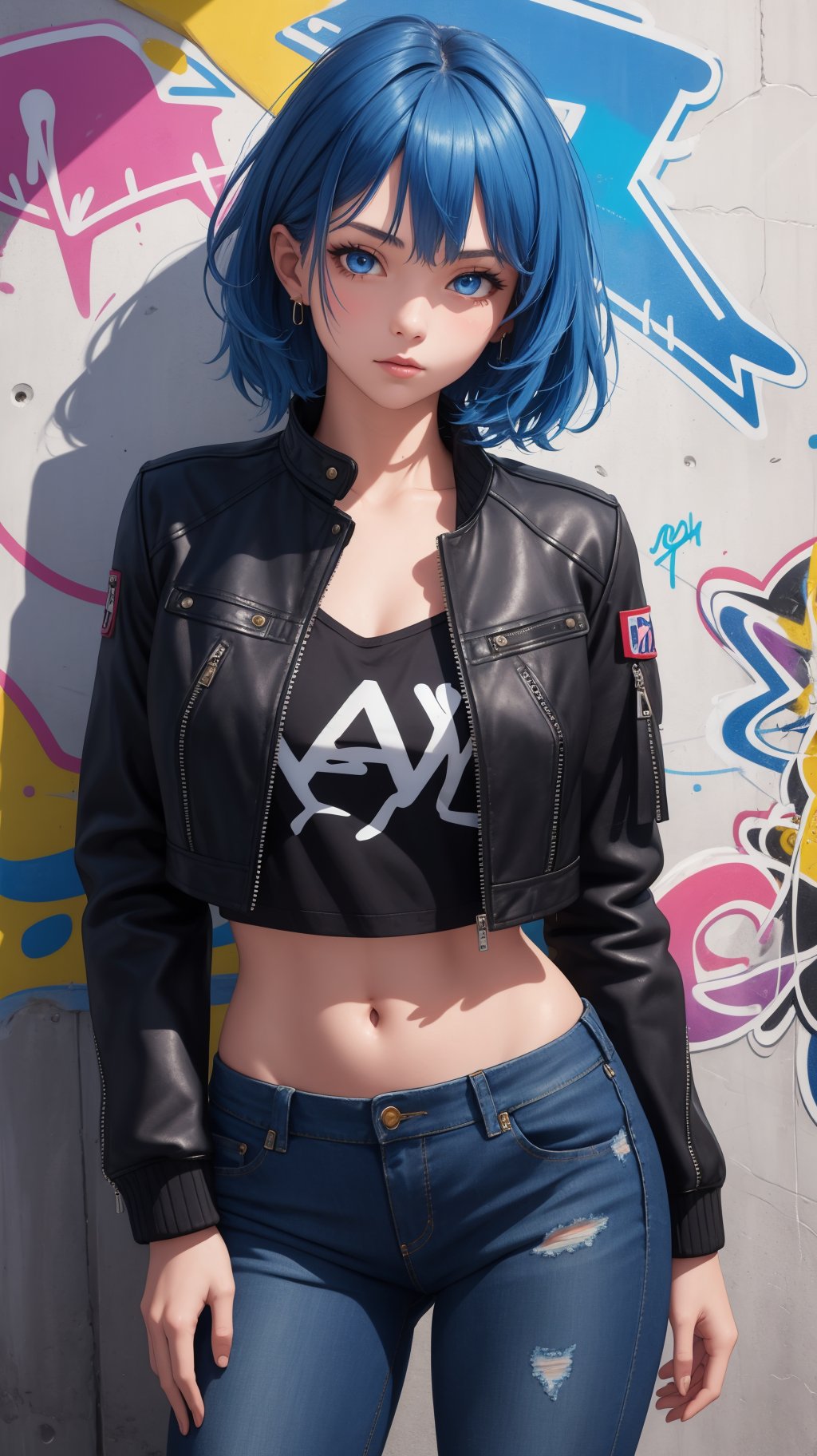 (masterpiece, best quality), intricate details, 1girl, blue hair, blue eyes, cropped jacket, leather jacket, denim, graffiti wall, messy hair,