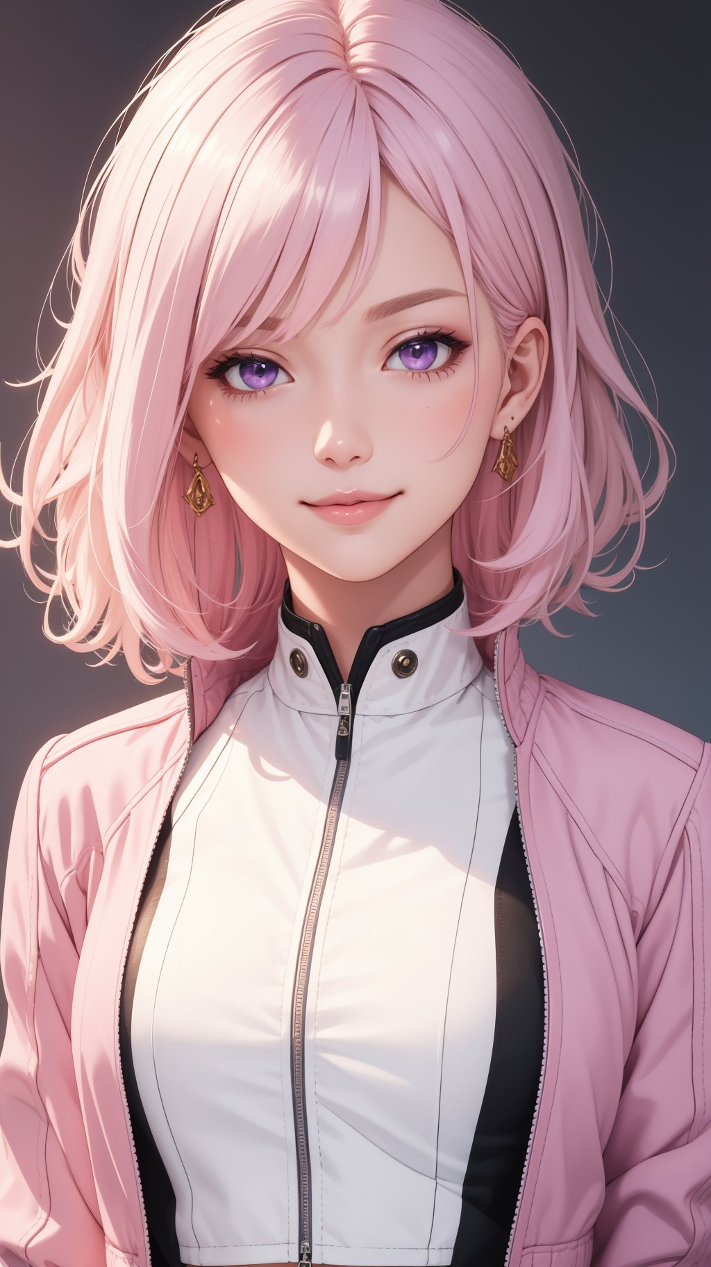 (masterpiece, best quality), intricate details, thin, ((slim)), beautiful girl, mature female, Light pink hair, white skin, light purple eyes, sharp jawline, cropped jacket, messy hair, lips, upper body, close up, smirk