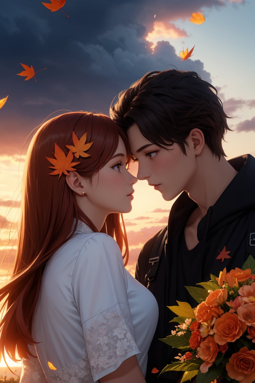 (masterpiece, best quality), (ginger girl ,guy, story love, looking at each other:1.2), (detailed eyes, detailed hair,cute,perfect face, detailed face), (absurdly long hair, detailed hair) , (dark sky, dark clouds, sunset:1.2),(backlight, dappled sunlight,blurry foreground), (dynamic , action-packed , thrilling , fantastic realism), ((intricate details, pattern)),(falling leaves, petals, flowers:1.2), birds, butterflies,