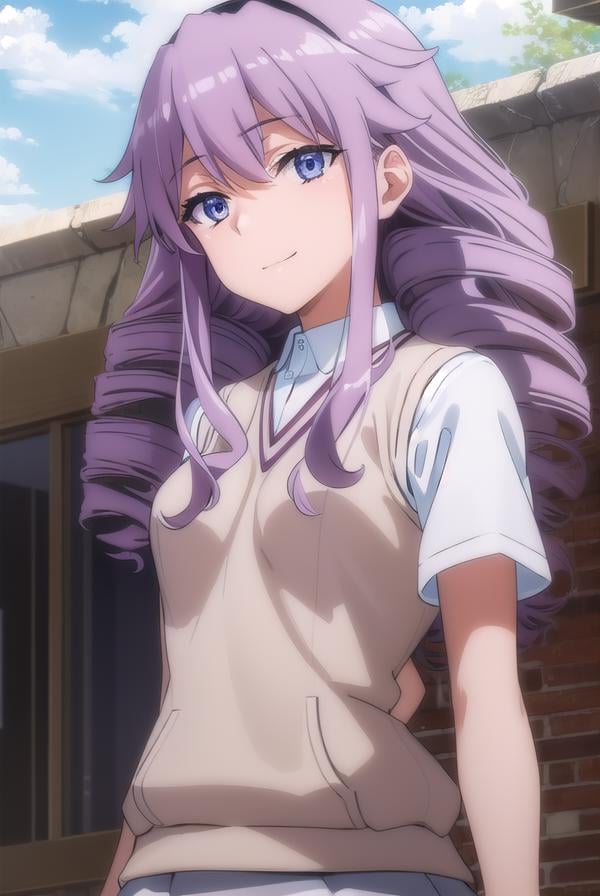 junkohokaze, <lora:junko hokaze s3-lora-nochekaiser:1>,junko hokaze, long hair, (purple eyes:1.2), purple hair, hairband, drill hair, smile,BREAK skirt, school uniform, sweater vest, tokiwadai school uniform, brown sweater vest,BREAK outdoors, city, sky, sun, clouds,BREAK looking at viewer, (cowboy shot:1.5),BREAK <lyco:GoodHands-beta2:1>, (masterpiece:1.2), best quality, high resolution, unity 8k wallpaper, (illustration:0.8), (beautiful detailed eyes:1.6), extremely detailed face, perfect lighting, extremely detailed CG, (perfect hands, perfect anatomy),