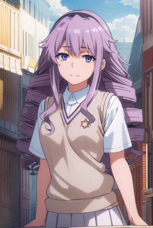 junkohokaze, <lora:junko hokaze s3-lora-nochekaiser:1>,junko hokaze, long hair, (purple eyes:1.2), purple hair, hairband, drill hair, smile,BREAK skirt, school uniform, sweater vest, tokiwadai school uniform, brown sweater vest,BREAK outdoors, city, sky, sun, clouds,BREAK looking at viewer, (cowboy shot:1.5),BREAK <lyco:GoodHands-beta2:1>, (masterpiece:1.2), best quality, high resolution, unity 8k wallpaper, (illustration:0.8), (beautiful detailed eyes:1.6), extremely detailed face, perfect lighting, extremely detailed CG, (perfect hands, perfect anatomy),