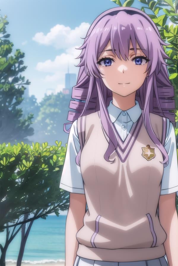 junkohokaze, <lora:junko hokaze s3-lora-nochekaiser:1>,junko hokaze, long hair, (purple eyes:1.2), purple hair, hairband, drill hair, smile,BREAK skirt, school uniform, sweater vest, tokiwadai school uniform, brown sweater vest,BREAK outdoors, city, sky, sun, clouds,BREAK looking at viewer, (cowboy shot:1.5),BREAK <lyco:GoodHands-beta2:1>, (masterpiece:1.2), best quality, high resolution, unity 8k wallpaper, (illustration:0.8), (beautiful detailed eyes:1.6), extremely detailed face, perfect lighting, extremely detailed CG, (perfect hands, perfect anatomy),