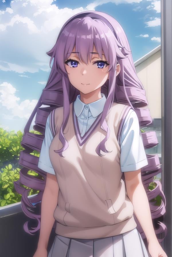 junkohokaze, <lora:junko hokaze s3-lora-nochekaiser:1>,junko hokaze, long hair, (purple eyes:1.2), purple hair, hairband, drill hair, smile,BREAK skirt, school uniform, sweater vest, tokiwadai school uniform, brown sweater vest,BREAK outdoors, city, sky, sun, clouds,BREAK looking at viewer, (cowboy shot:1.5),BREAK <lyco:GoodHands-beta2:1>, (masterpiece:1.2), best quality, high resolution, unity 8k wallpaper, (illustration:0.8), (beautiful detailed eyes:1.6), extremely detailed face, perfect lighting, extremely detailed CG, (perfect hands, perfect anatomy),