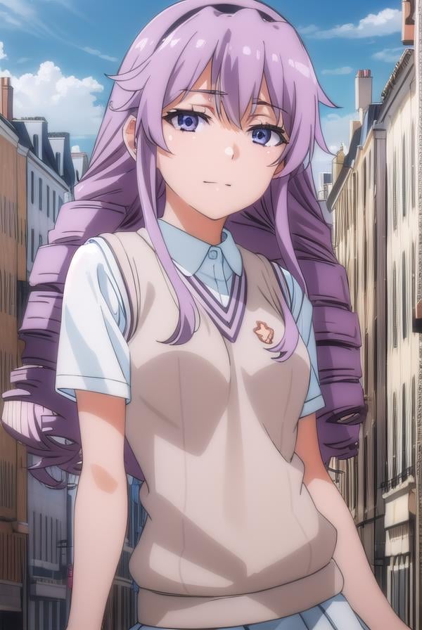 junkohokaze, <lora:junko hokaze s3-lora-nochekaiser:1>,junko hokaze, long hair, (purple eyes:1.2), purple hair, hairband, drill hair, smile,BREAK skirt, school uniform, sweater vest, tokiwadai school uniform, brown sweater vest,BREAK outdoors, city, sky, sun, clouds,BREAK looking at viewer, (cowboy shot:1.5),BREAK <lyco:GoodHands-beta2:1>, (masterpiece:1.2), best quality, high resolution, unity 8k wallpaper, (illustration:0.8), (beautiful detailed eyes:1.6), extremely detailed face, perfect lighting, extremely detailed CG, (perfect hands, perfect anatomy),