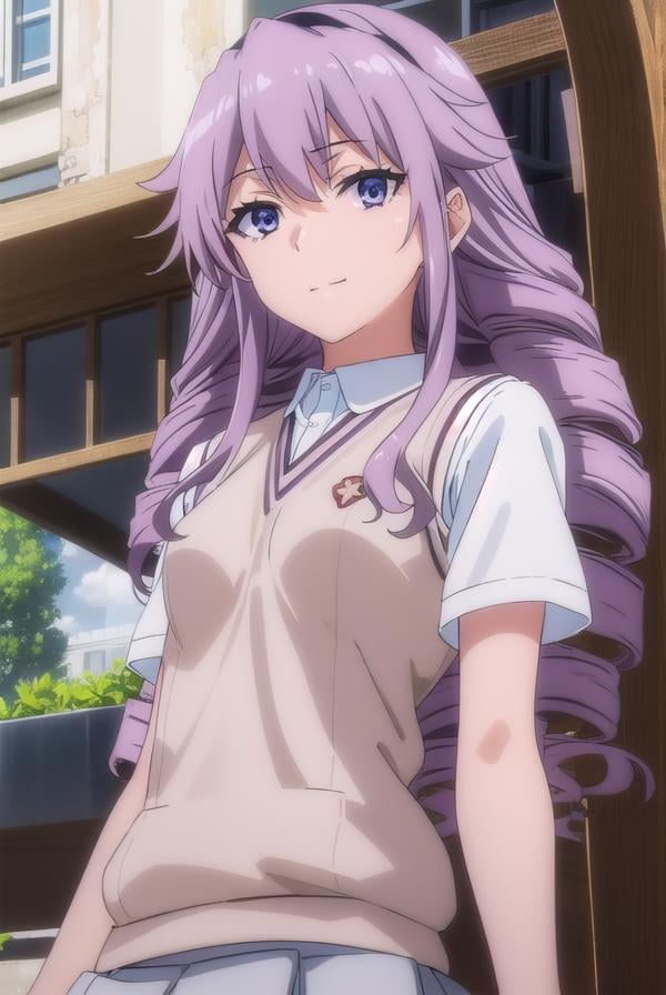 junkohokaze, <lora:junko hokaze s3-lora-nochekaiser:1>,junko hokaze, long hair, (purple eyes:1.2), purple hair, hairband, drill hair, smile,BREAK skirt, school uniform, sweater vest, tokiwadai school uniform, brown sweater vest,BREAK outdoors, city, sky, sun, clouds,BREAK looking at viewer, (cowboy shot:1.5),BREAK <lyco:GoodHands-beta2:1>, (masterpiece:1.2), best quality, high resolution, unity 8k wallpaper, (illustration:0.8), (beautiful detailed eyes:1.6), extremely detailed face, perfect lighting, extremely detailed CG, (perfect hands, perfect anatomy),