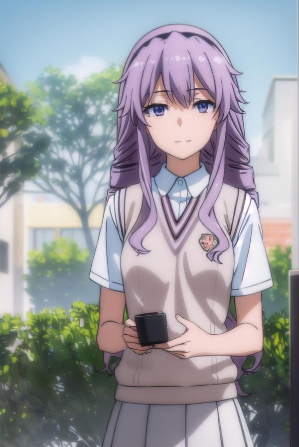 junkohokaze, <lora:junko hokaze s3-lora-nochekaiser:1>,junko hokaze, long hair, (purple eyes:1.2), purple hair, hairband, drill hair, smile,BREAK skirt, school uniform, sweater vest, tokiwadai school uniform, brown sweater vest,BREAK outdoors, city, sky, sun, clouds,BREAK looking at viewer, (cowboy shot:1.5),BREAK <lyco:GoodHands-beta2:1>, (masterpiece:1.2), best quality, high resolution, unity 8k wallpaper, (illustration:0.8), (beautiful detailed eyes:1.6), extremely detailed face, perfect lighting, extremely detailed CG, (perfect hands, perfect anatomy),