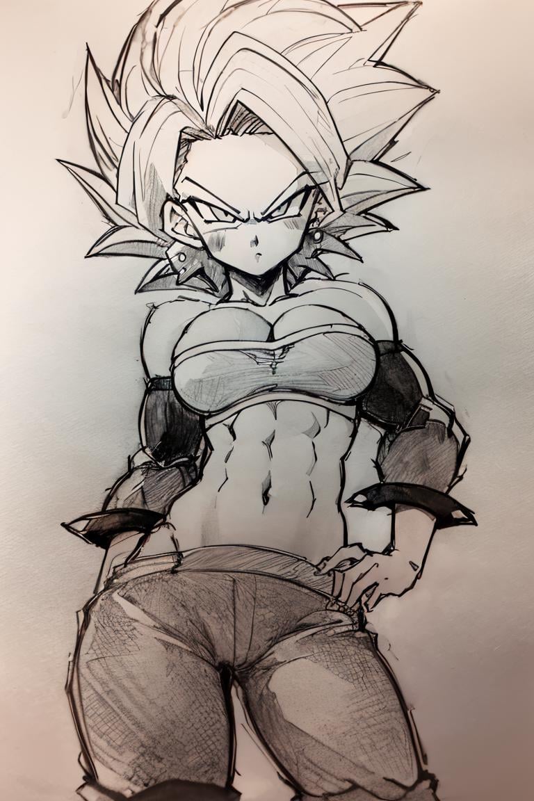 <lora:Pencil_Sketch_Dim64_SD-05:1>,(Pencil_Sketch, messy lines, greyscale, traditional media, sketch),1girl, solo, navel, medium breasts, closed mouth, standing, midriff, pants, crop top, strapless, spiked hair, bandeau, tube top, caulifla, saiyan