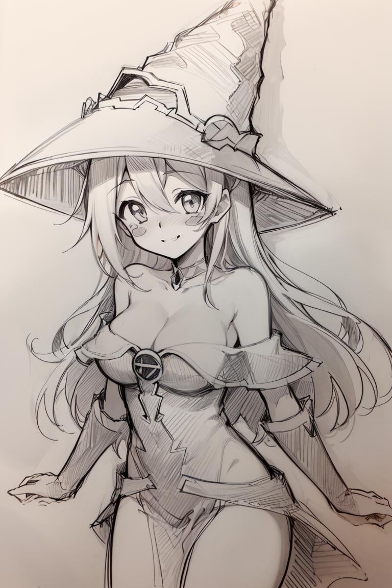 <lora:Pencil_Sketch_Dim64_SD-05:0.8>,(Pencil_Sketch, messy lines, greyscale, traditional media, sketch), , , <lora:dark_magician_girl_v1:0.7>, hmdmg1, wizard hat, blush, blush stickers, cleavage, bare shoulders, dress, off shoulder, solo, smiling, looking at viewer, cowboy shot,